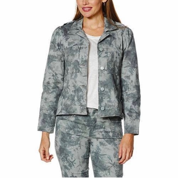 Democracy Seamed Denim Military Jacket Stormy Sea Tie Dye Gray NWT - Picture 1 of 10